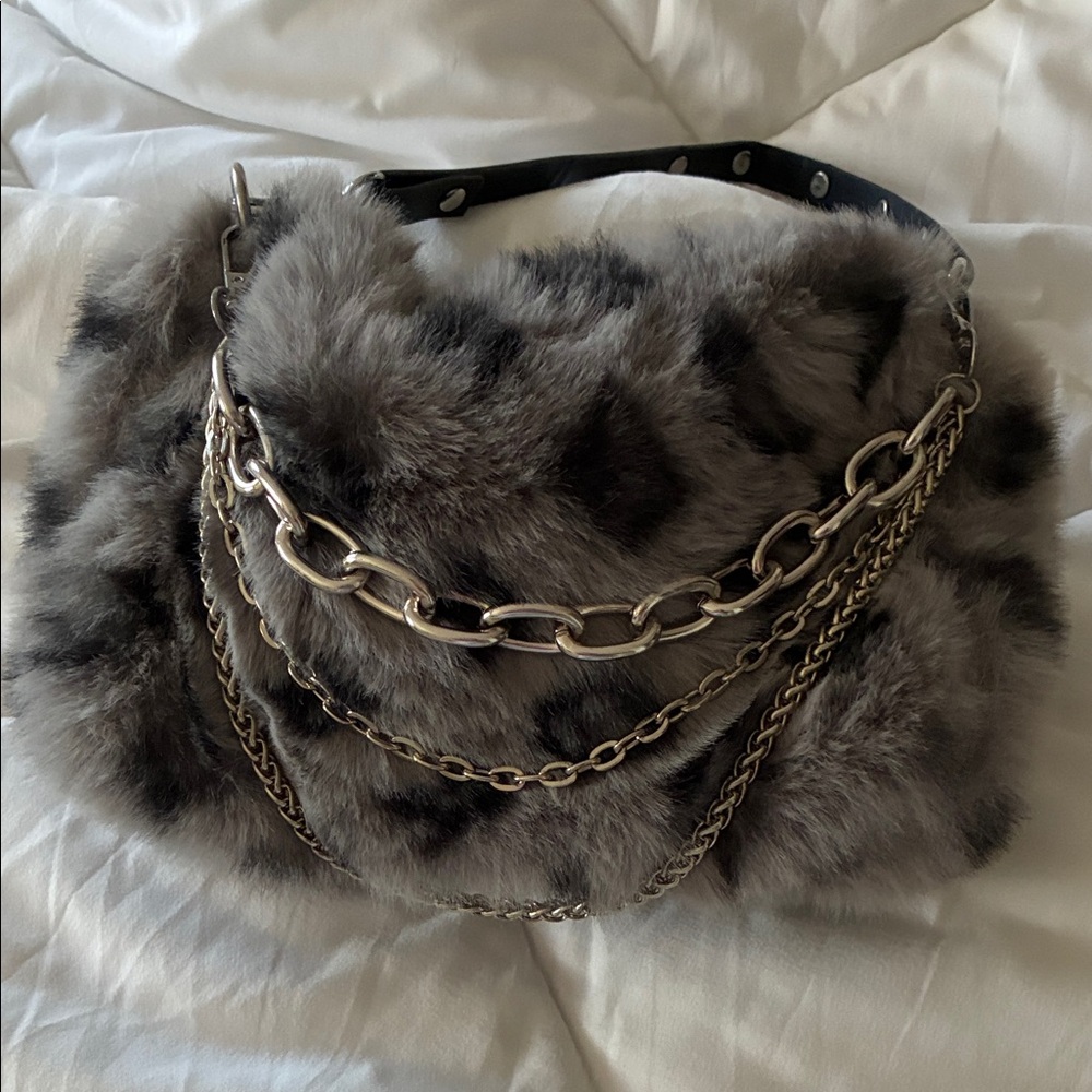 Gray Faux Fur Chain Accent Bag